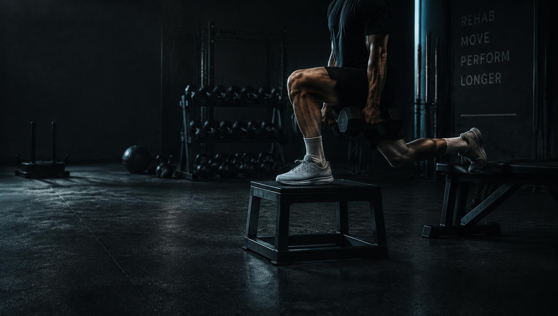 Deportista realizando una zancada búlgara con mancuernas en una sala de entrenamiento